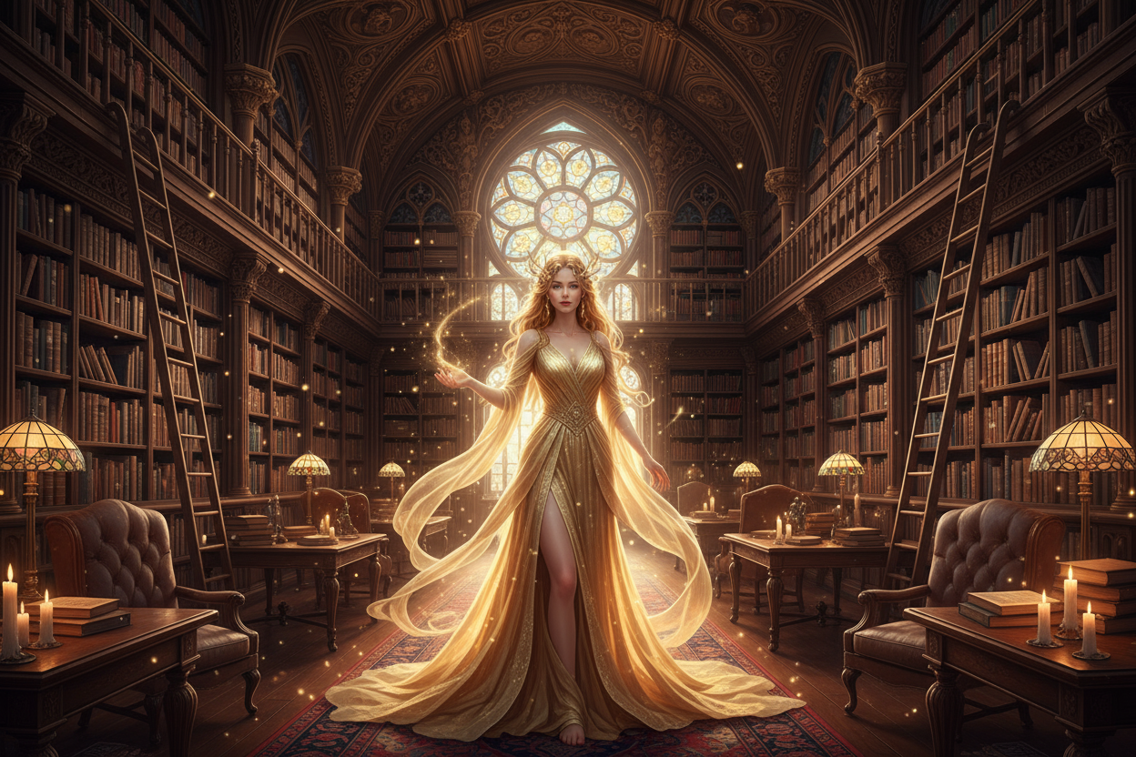 a beautiful goddess in a golden dress standing in an old-fasioned library of books, with a magical, inspiring feel