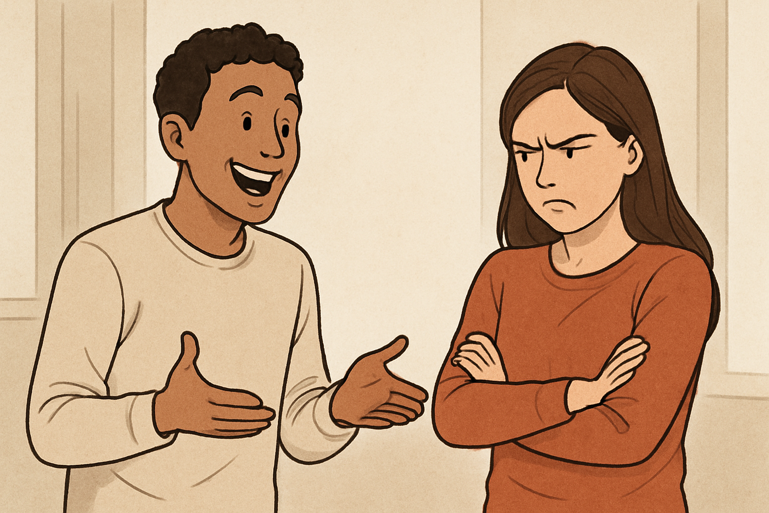 A happy person talking to an angry person