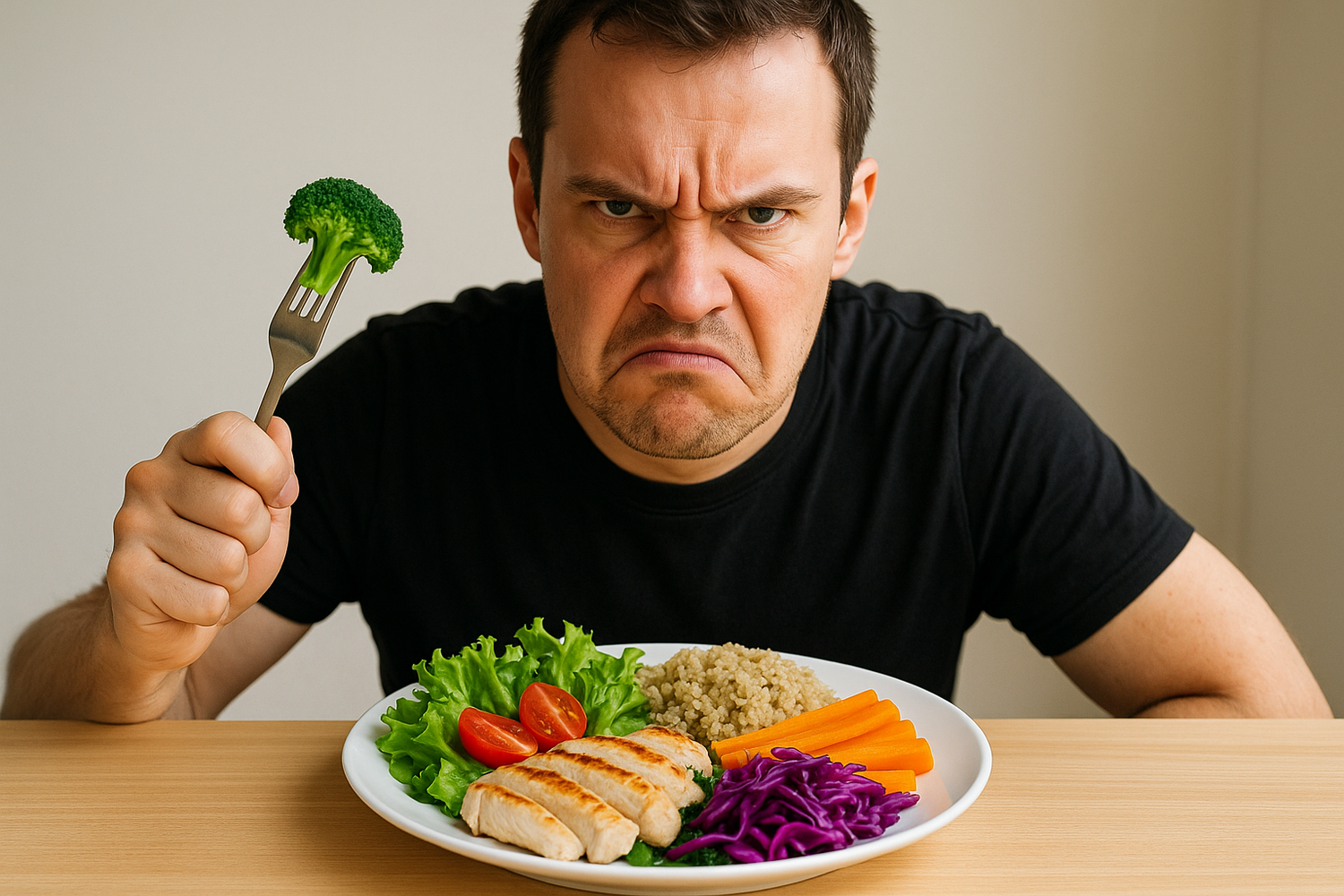 an angry person eating healthy food