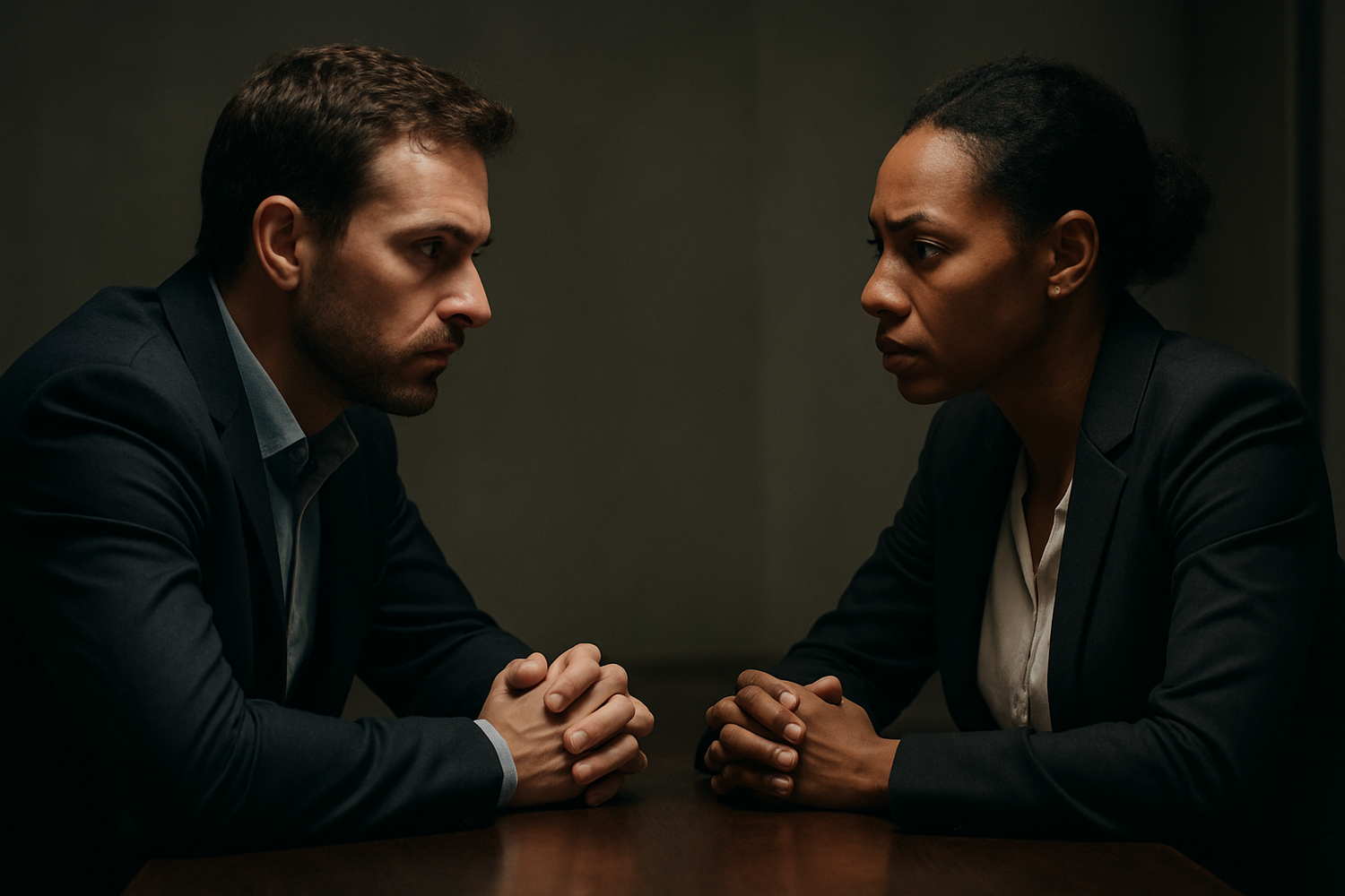 the same two people talking, both are in a serious mood