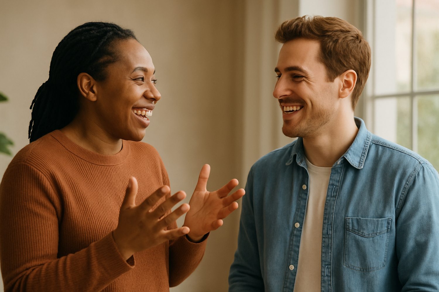 two happy people having a conversation