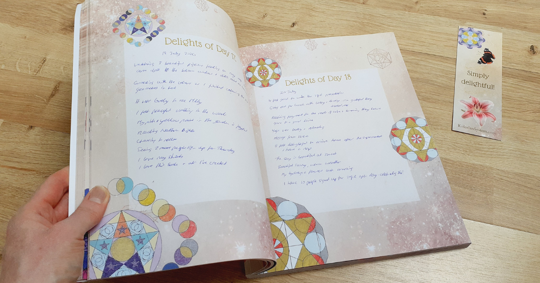 Am image of the Kolorlan Book of Delight Journal Pages designed to overcome obstacles that make journaling feel hard to start