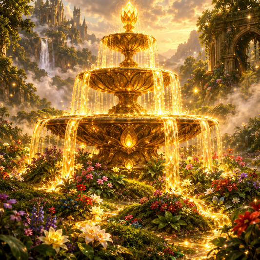 Image of a magical golden fountain overflowing and nourishing the ground around it