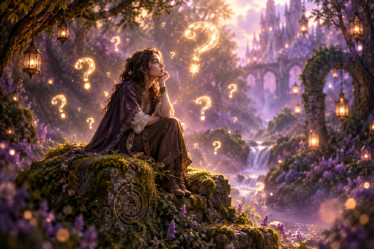 A magical scene with a woman sitting and pondering an answer to a question
