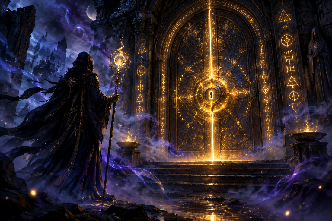 Mystical image of a locked door with a dark guard outside