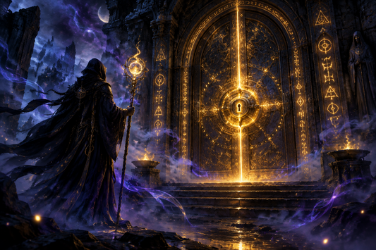 Mystical image of a locked door with a dark guard outside