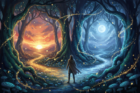 A mystical figure contemplating two paths