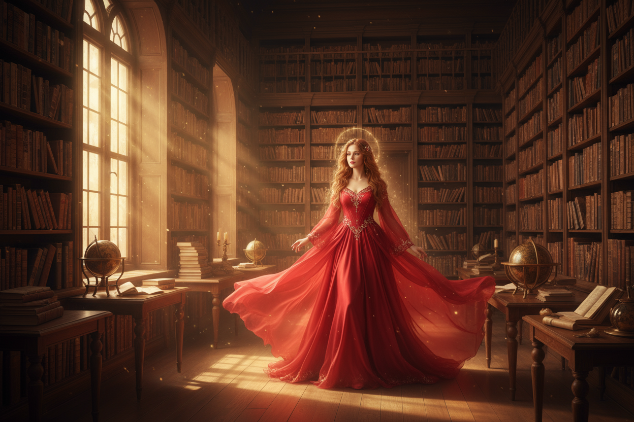 A beautiful goddess wearing a red dress, standing in an old-fashioned library surrounded by bookshelves, with a magical feel