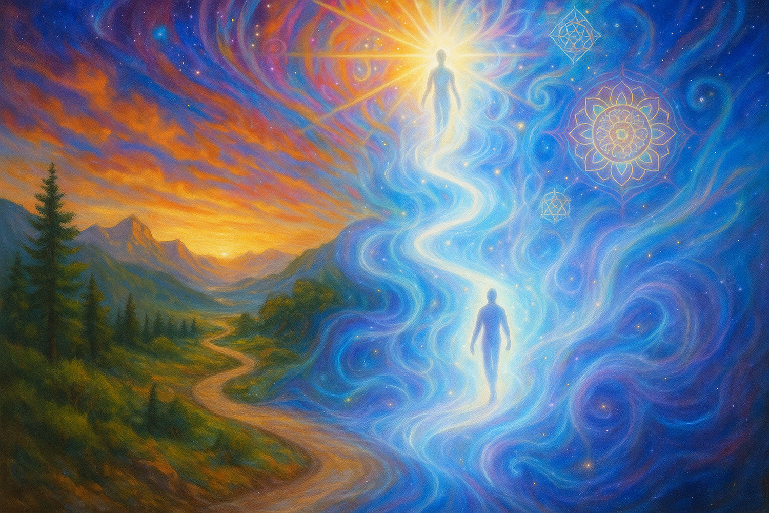a colourful image depicting going on a journey from physical to spiritual