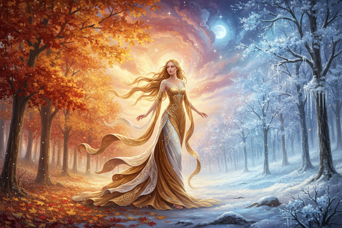 The same mystical goddess in a gold and white dress walking through a scene of autumn and winter with trees that reflect the seasons